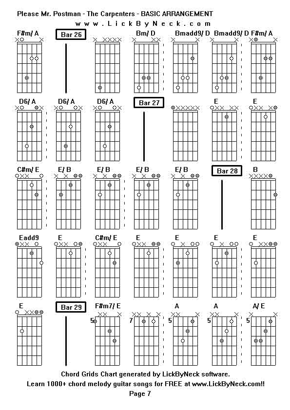 Chord Grids Chart of chord melody fingerstyle guitar song-Please Mr Postman - The Carpenters - BASIC ARRANGEMENT,generated by LickByNeck software.